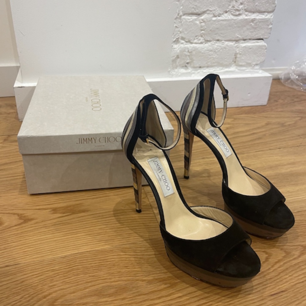 Jimmy Choo Max 120 black suede silver graphic layered platform sandals size 40